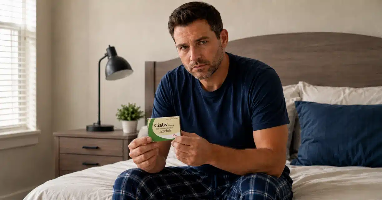 Man holding Cialis box while considering fertility concerns