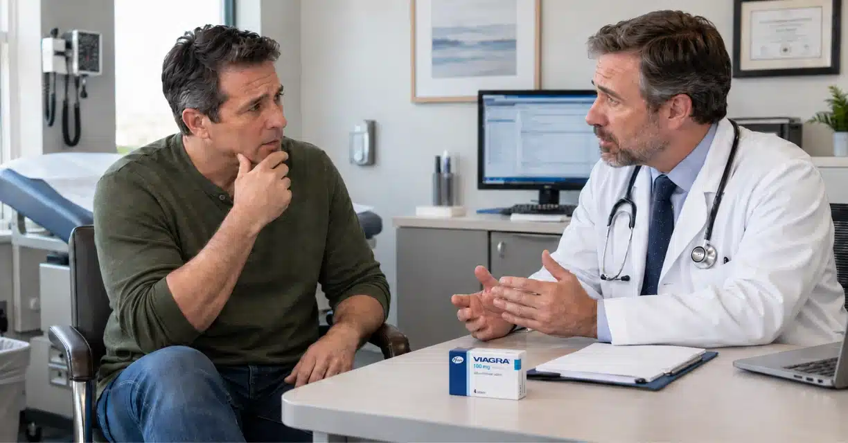 Doctor discussing heart risks of Viagra 100 mg with male patient