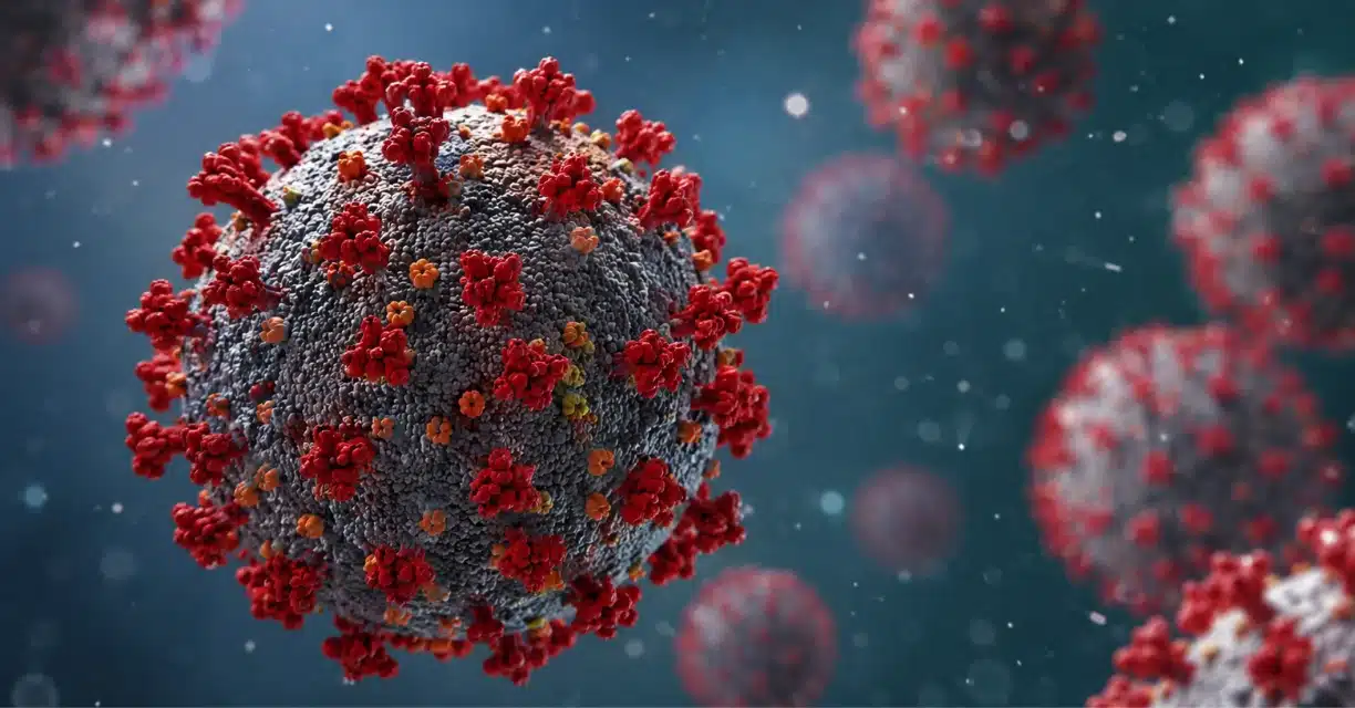 Close-up illustration of Omicron COVID-19 virus particles