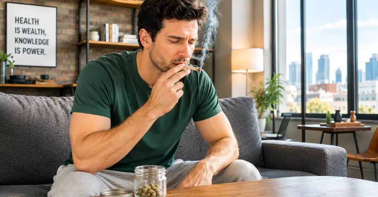 Man smoking marijuana while considering erectile dysfunction risk