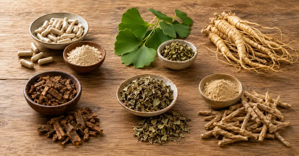 Natural herbal supplements including ginseng, ginkgo, and ashwagandha for ED