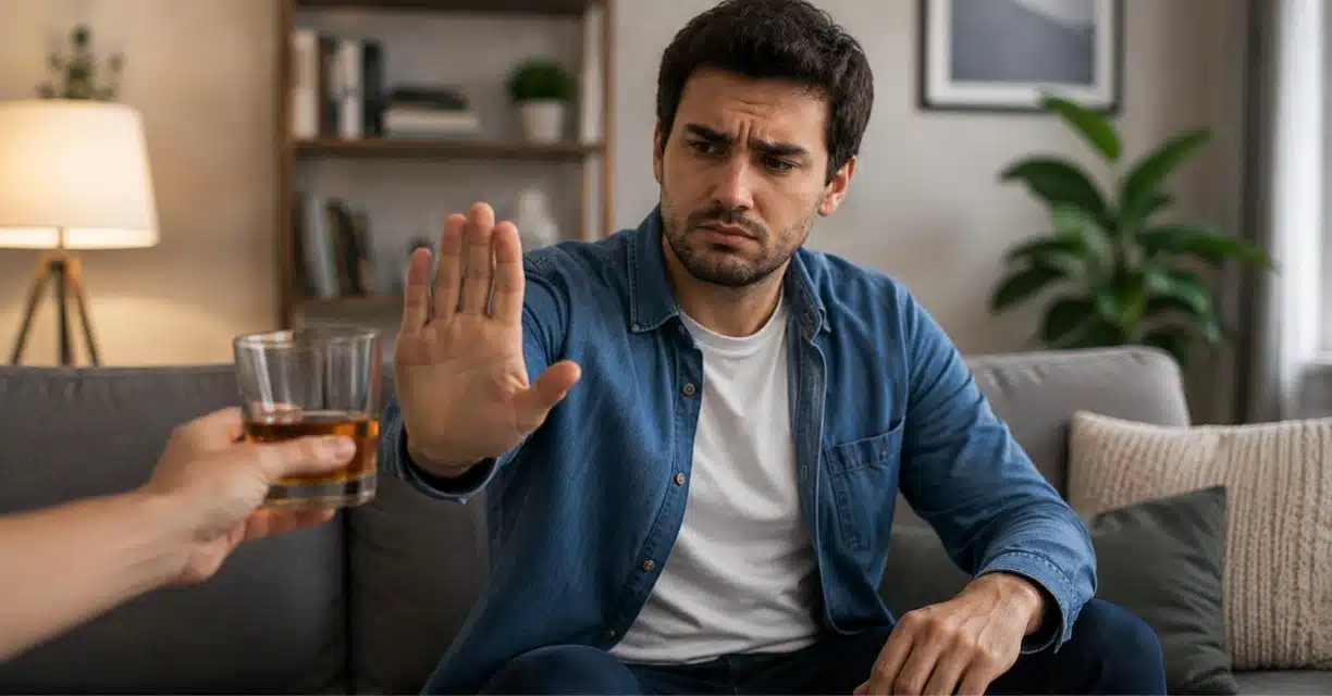 Man refusing alcohol while considering erectile dysfunction recovery