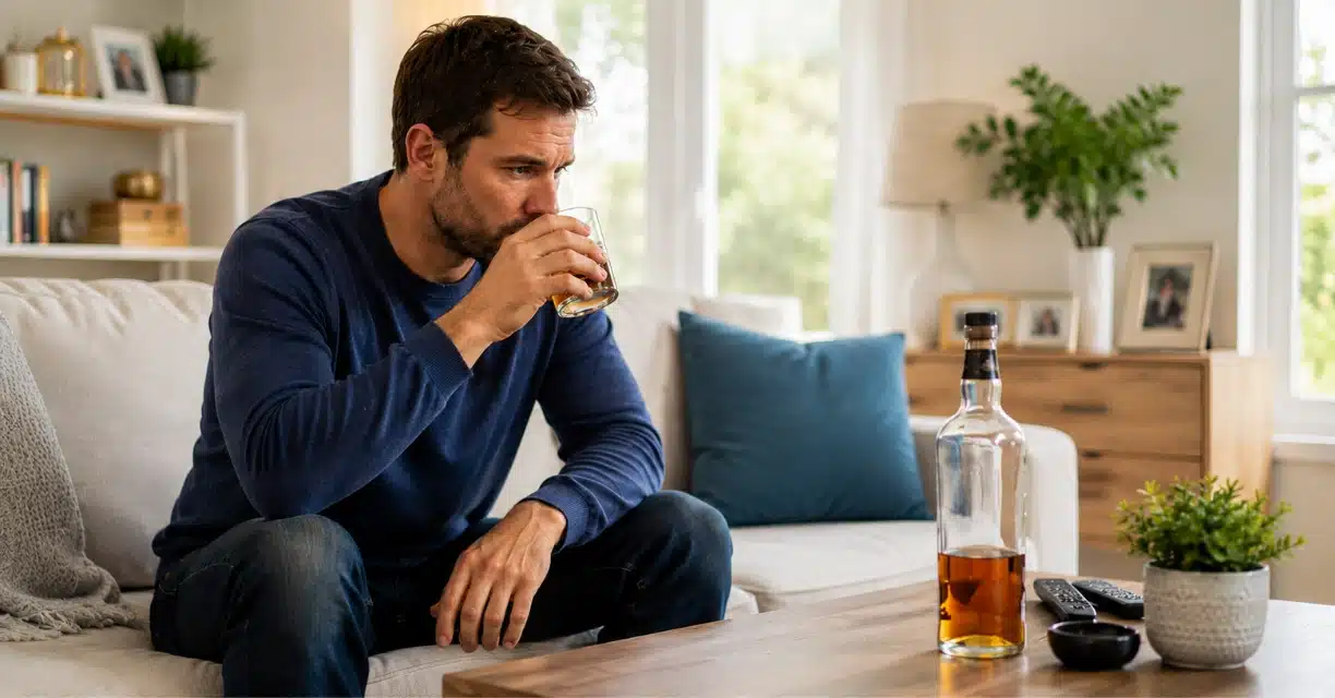Distressed man drinking alcohol while concerned about erectile dysfunction