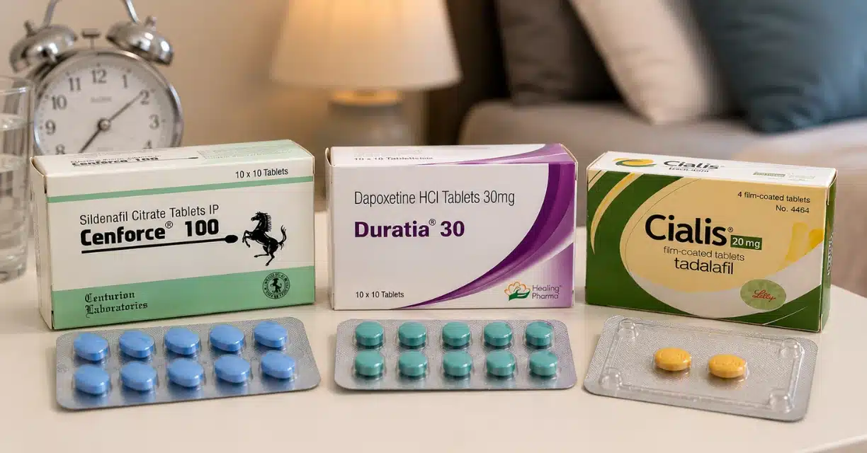 Cenforce 100, Duratia 30 and Cialis tablets displayed for PE treatment