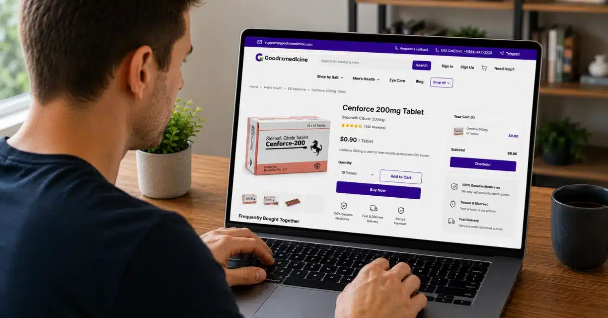 Man comparing Cenforce 200 mg options at an online pharmacy