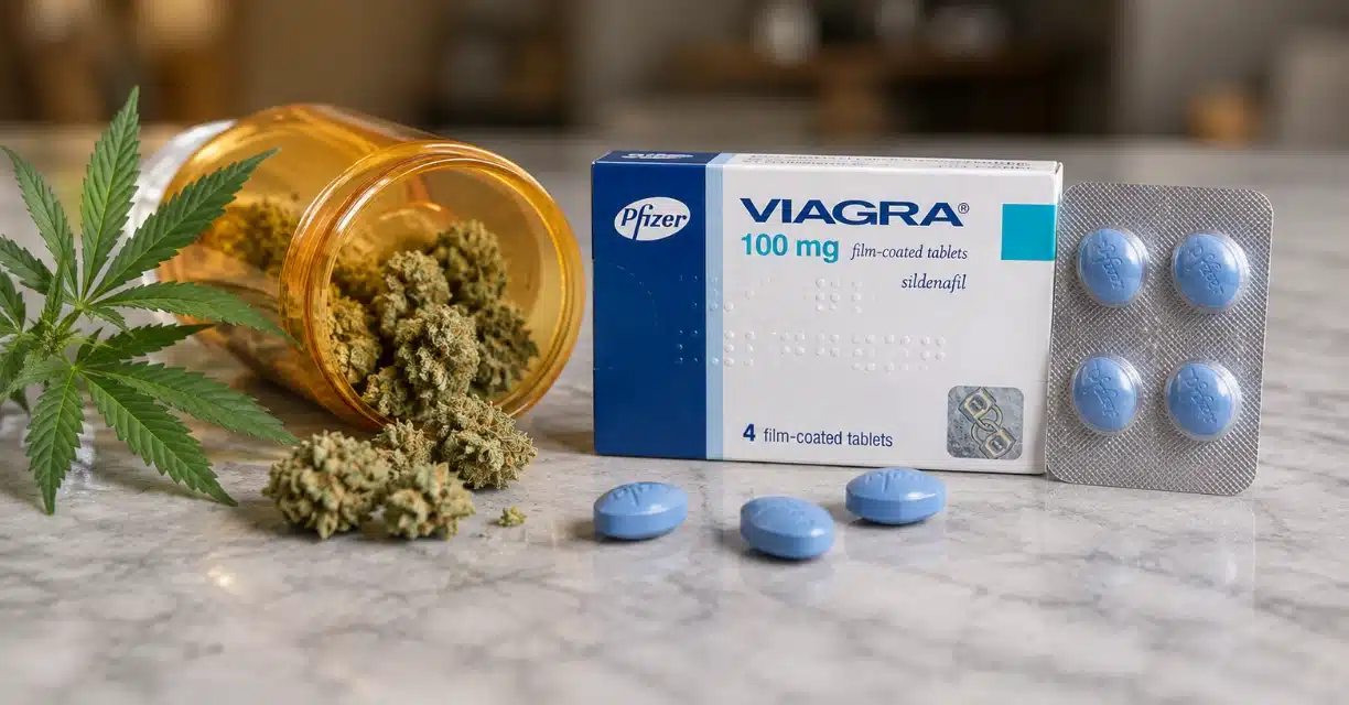 Viagra 100 mg with cannabis leaves and buds beside tablets