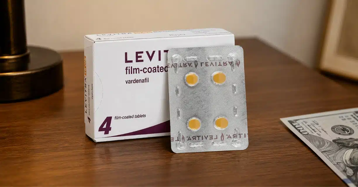Vardenafil tablets and cash displayed for price comparison