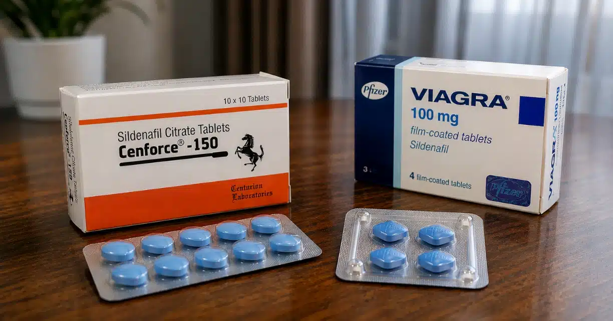 Cenforce 150 mg and Viagra 100 mg boxes with tablets