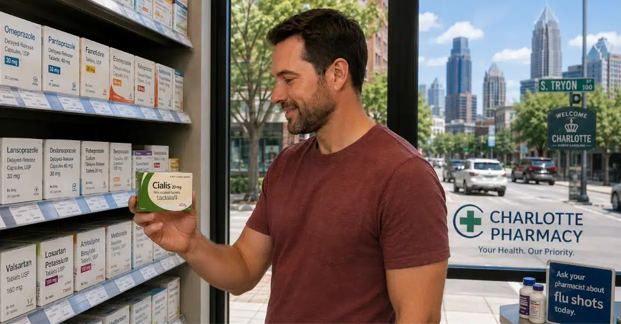 Man holding Cialis at a pharmacy in Charlotte