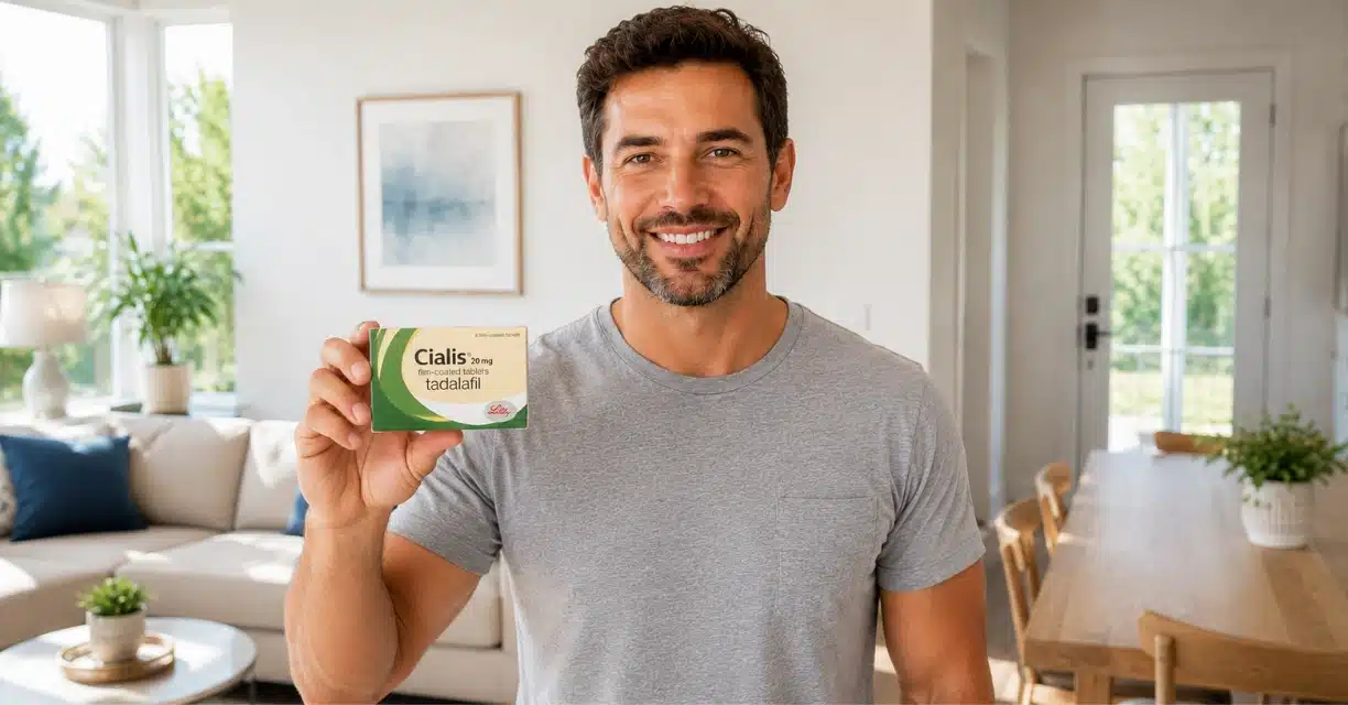 Man holding Cialis 20 mg tablets for erectile dysfunction treatment and dosage guidance