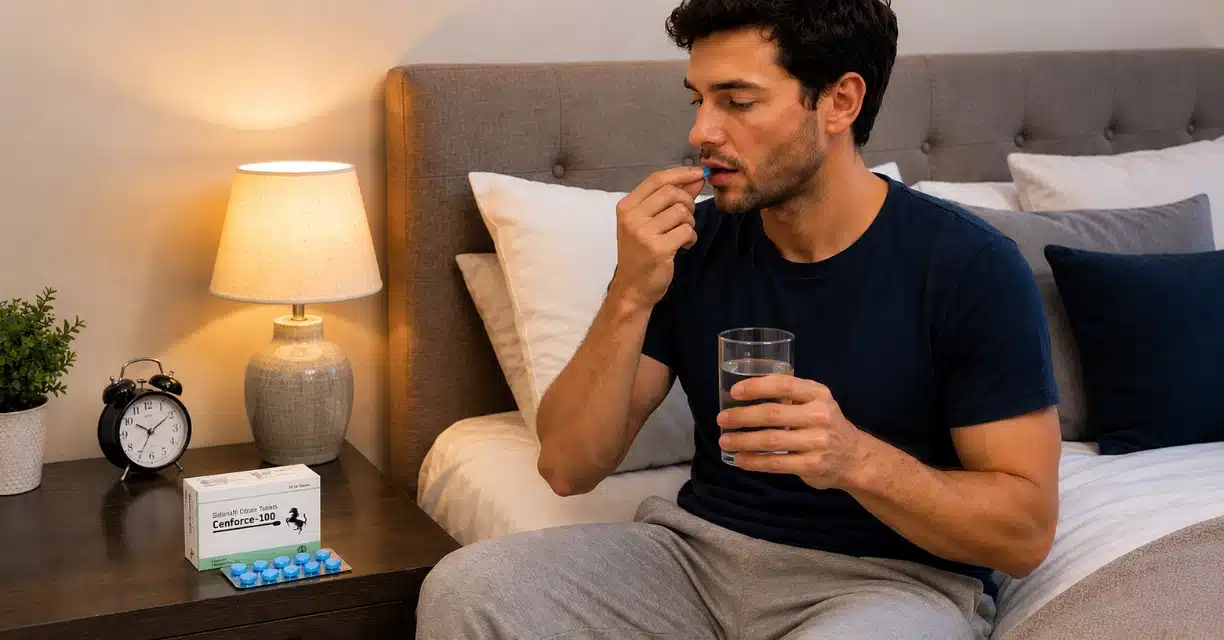 Man taking Cenforce 100 with water at the recommended time