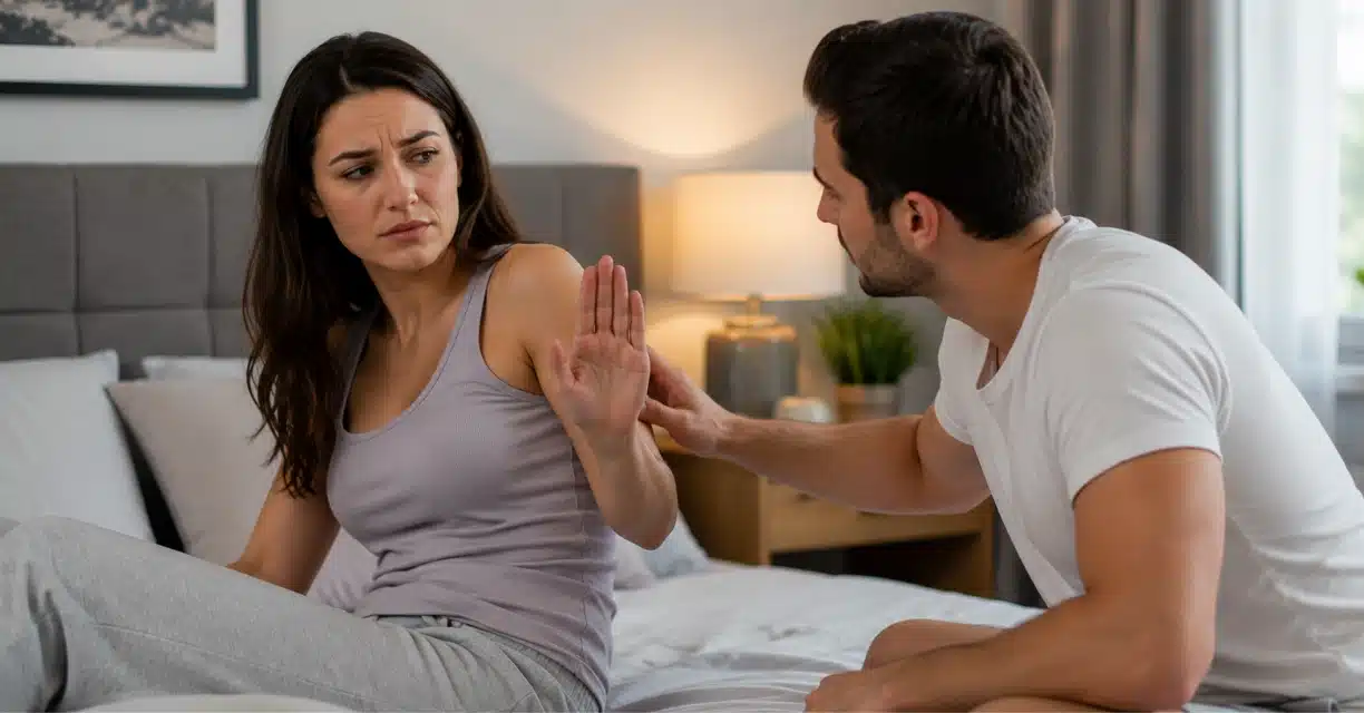Woman avoiding intimacy while partner discusses sexual arousal concerns