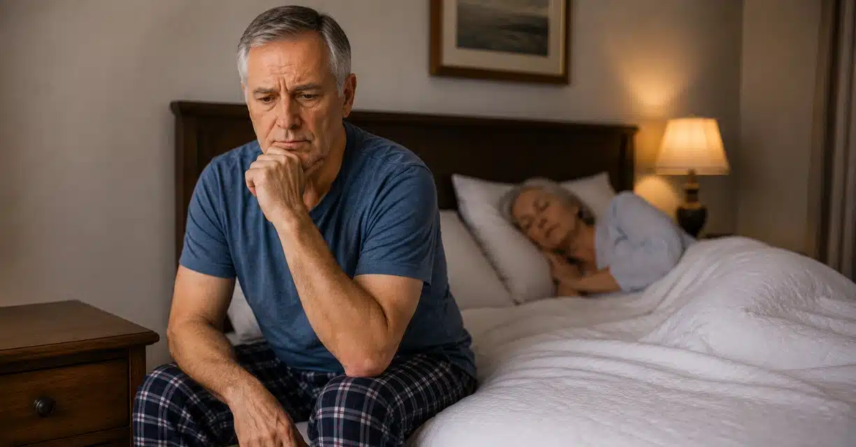 Older man concerned about age-related erection changes beside partner
