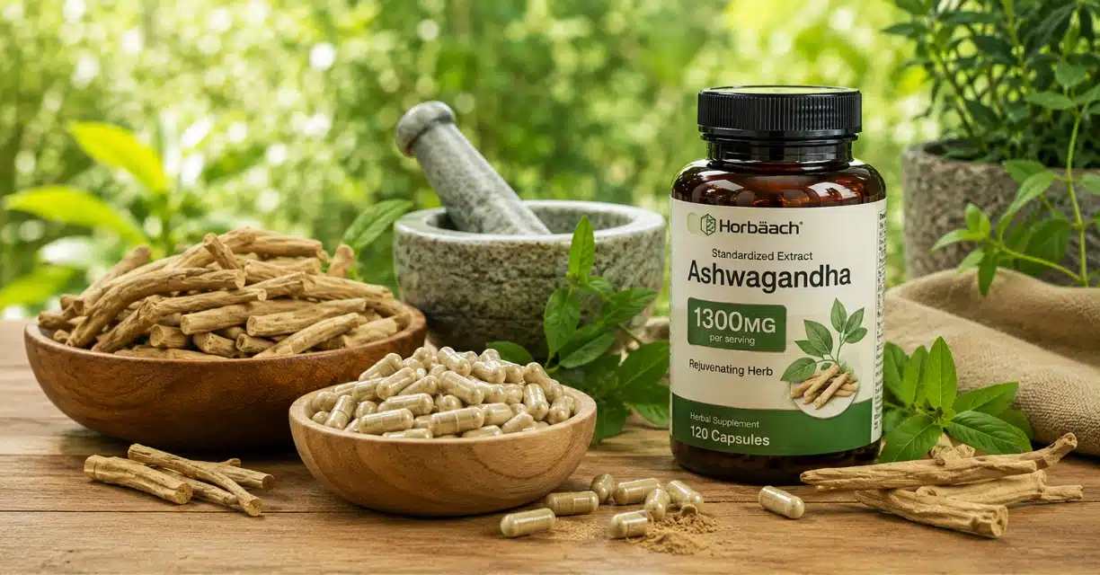 Ashwagandha supplement with roots displayed for libido support