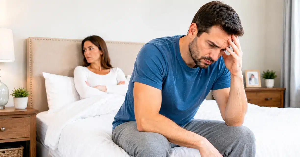Distressed man with low sex drive beside frustrated partner