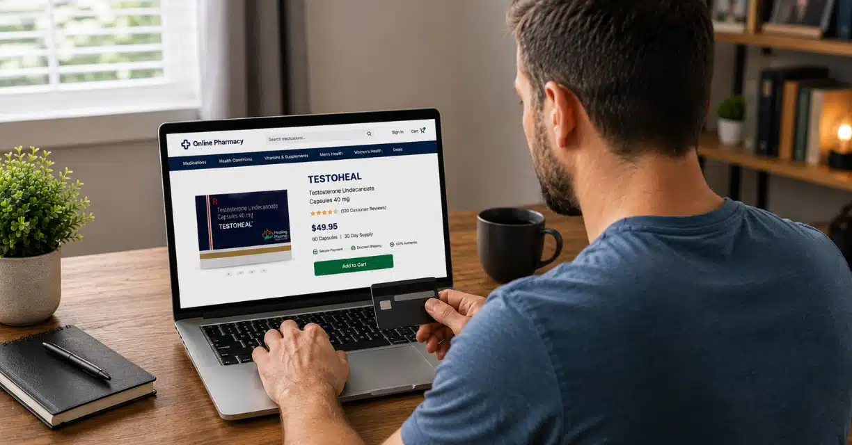 Man buying testosterone pills safely from an online pharmacy