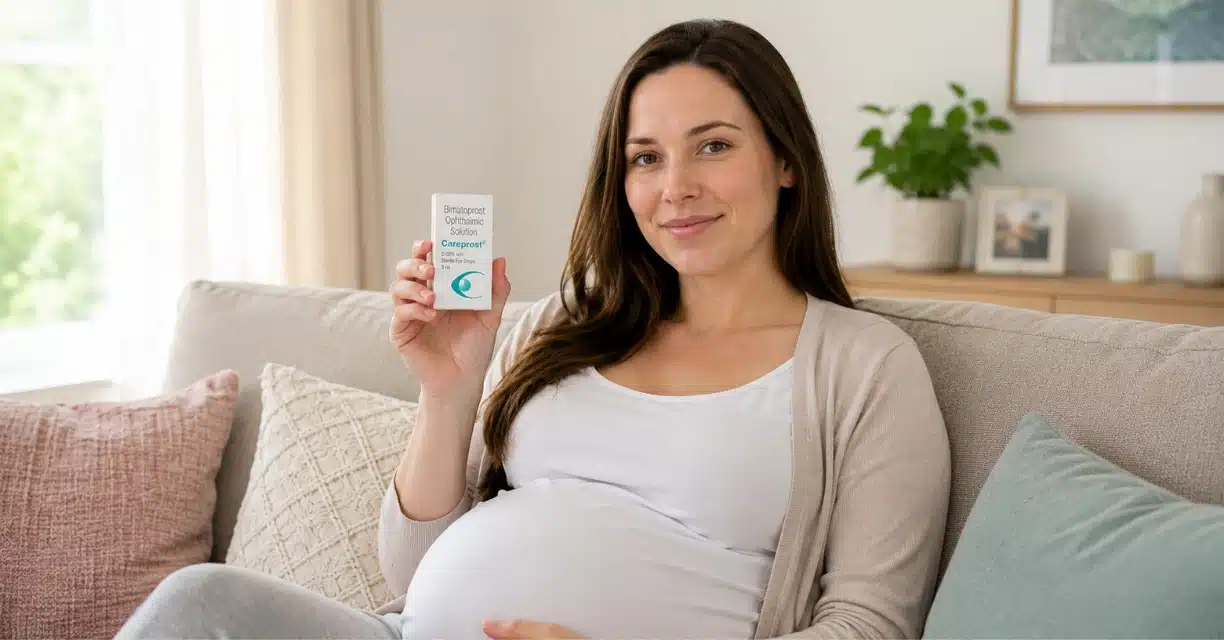 Pregnant woman holding Bimatoprost while considering pregnancy safety