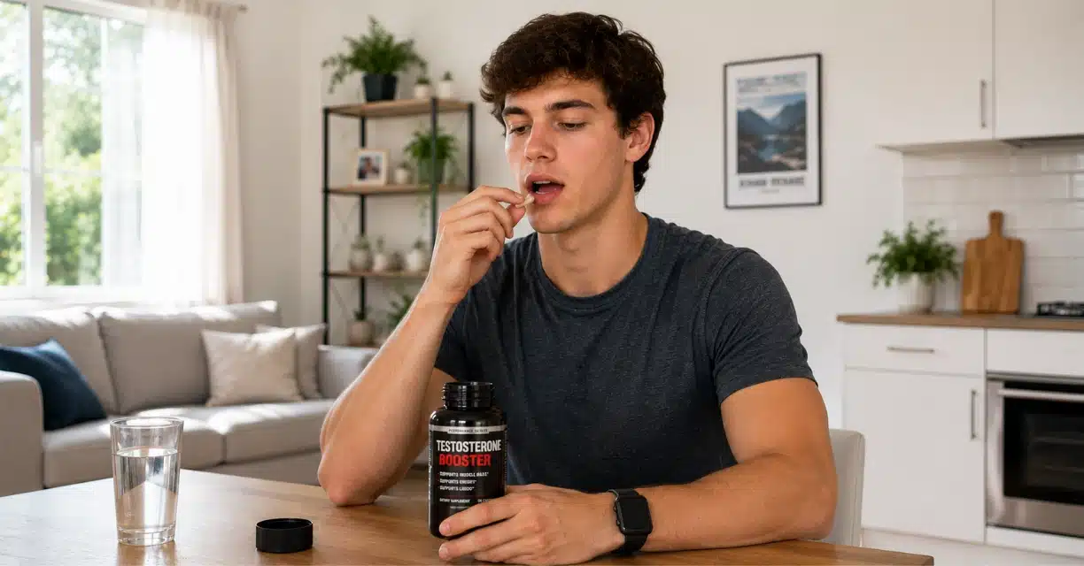 Young man taking testosterone booster while considering risks