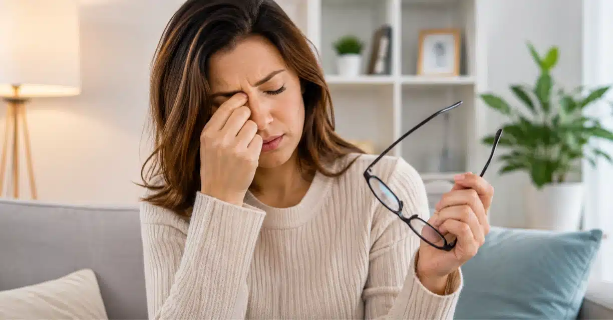 Woman with dry eye symptoms removing contact lens at home