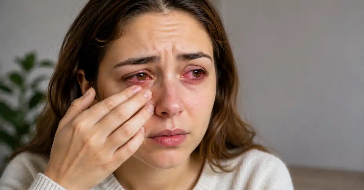 Woman rubbing red itchy eye from possible pink eye