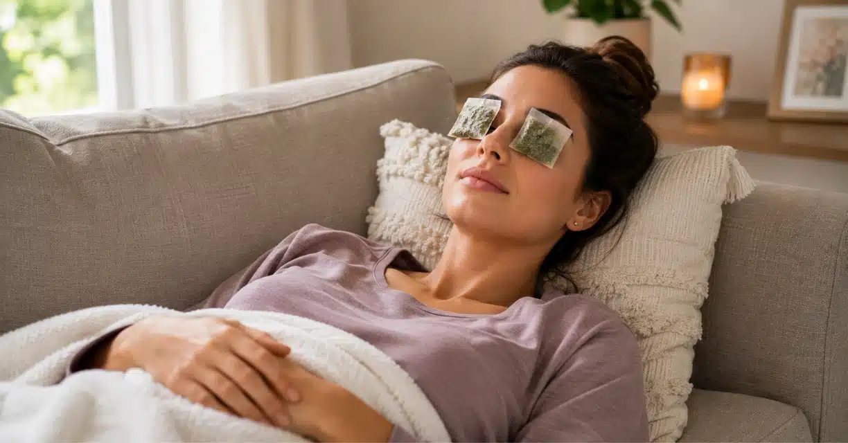 Woman resting with tea bags over eyes for puffiness