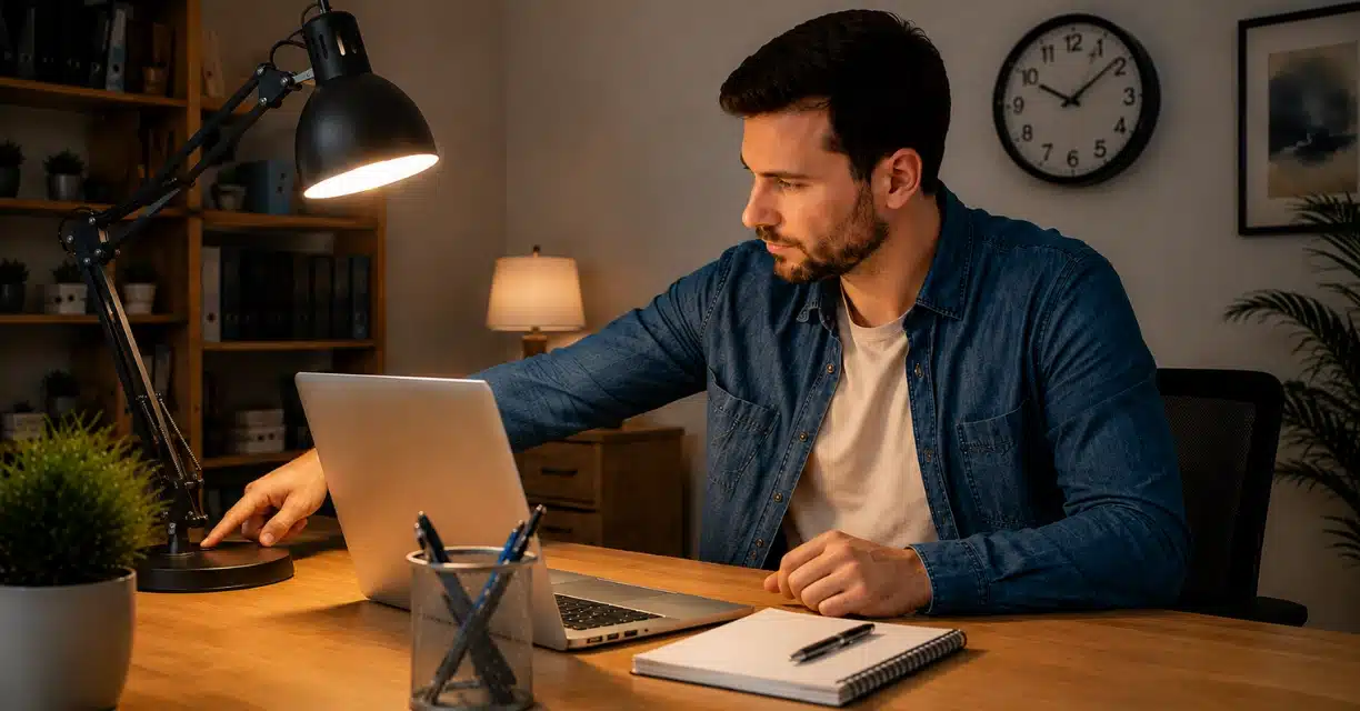 Man working under desk lamp designed to reduce eye strain