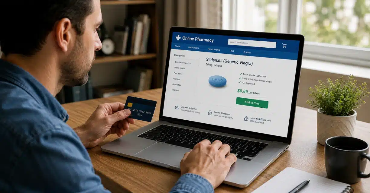 Man purchasing generic Viagra online through a pharmacy website checkout page