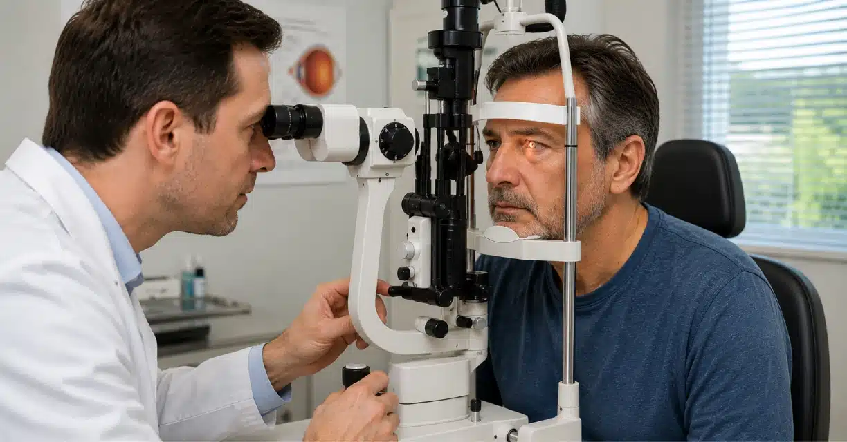 Eye doctor examining man for cataract-related vision loss