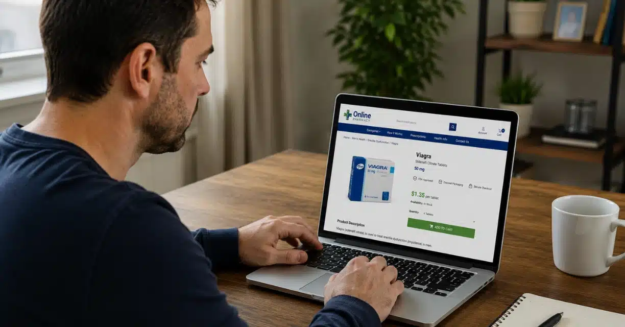 Man purchasing Viagra from a secure online pharmacy website