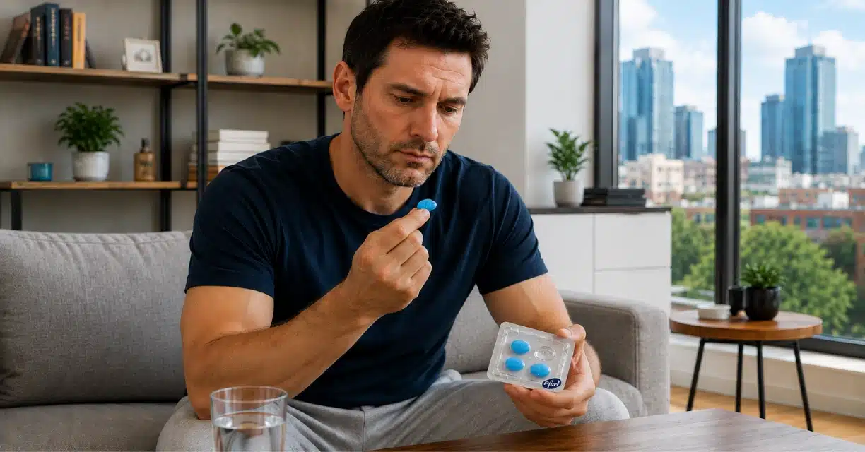 Man examining Viagra pill while considering testosterone effects