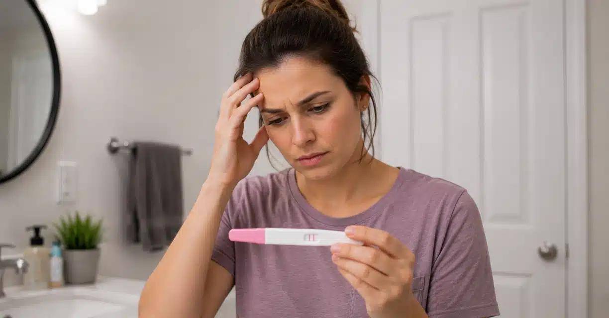 Worried woman checking pregnancy test for possible false positive