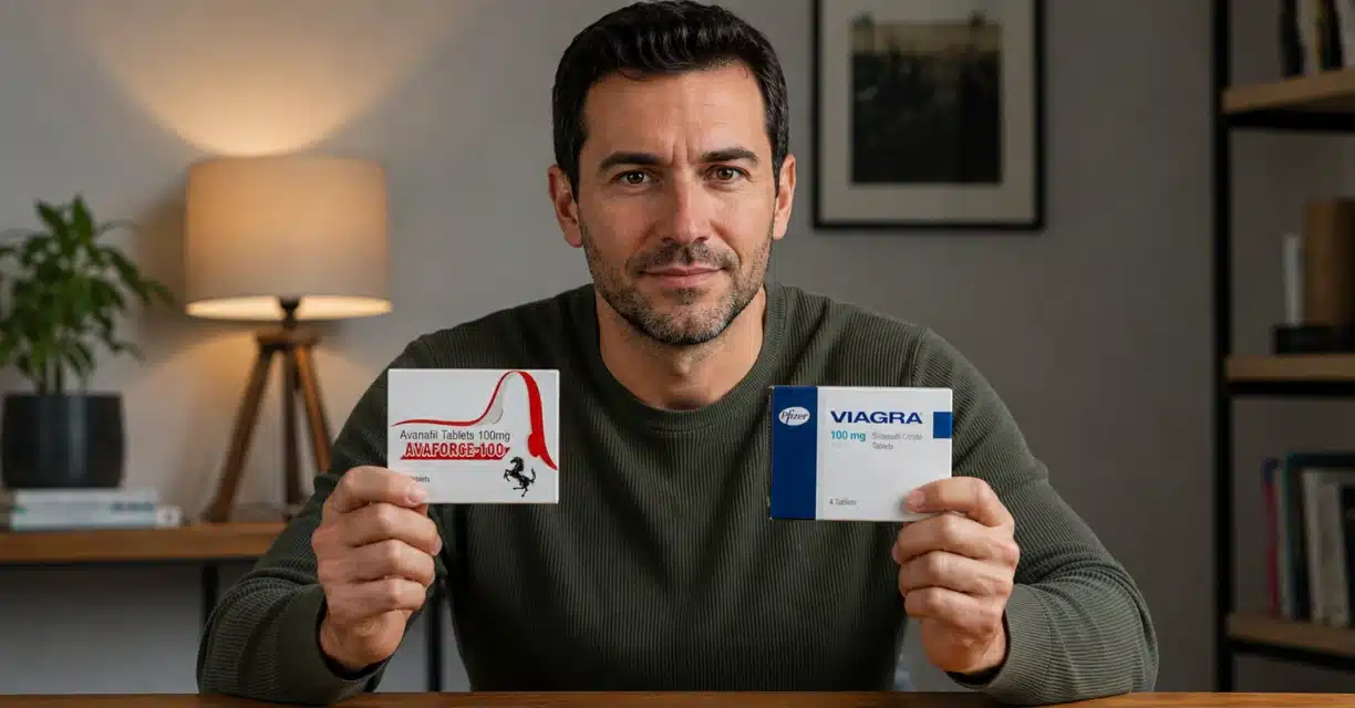 Man comparing Avanafil and Viagra pills for erectile dysfunction treatment