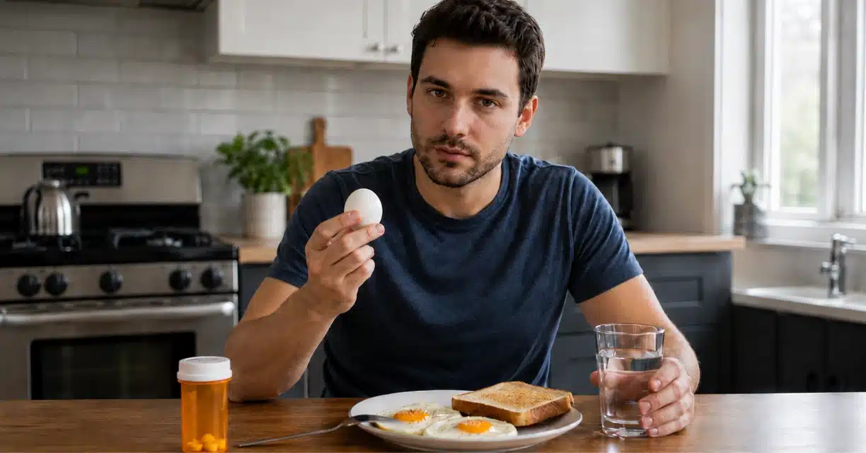 Man holding antibiotic pill beside eggs and water