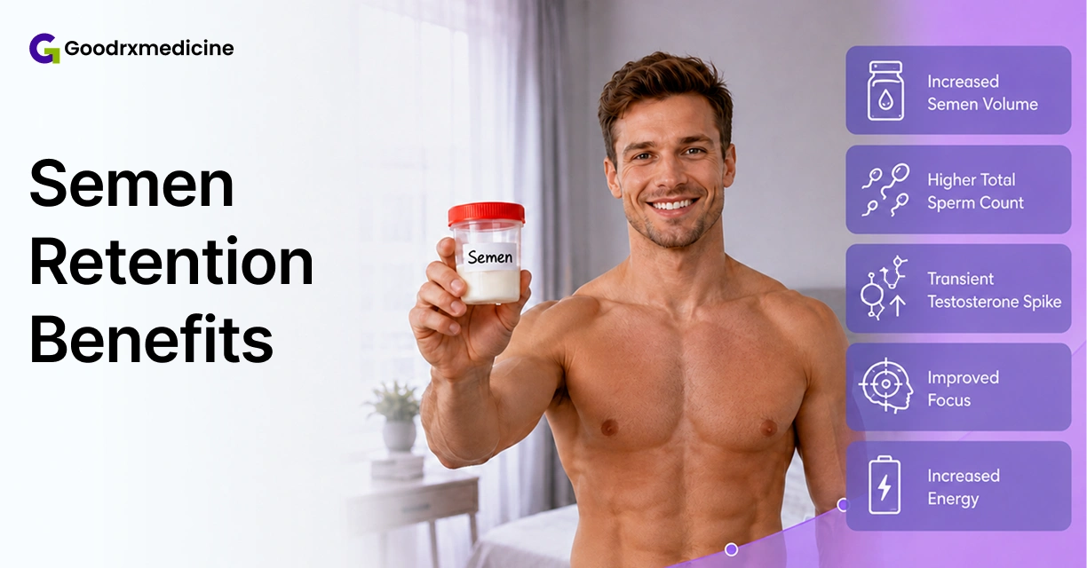 Shirtless man holding semen sample cup about semen retention benefits