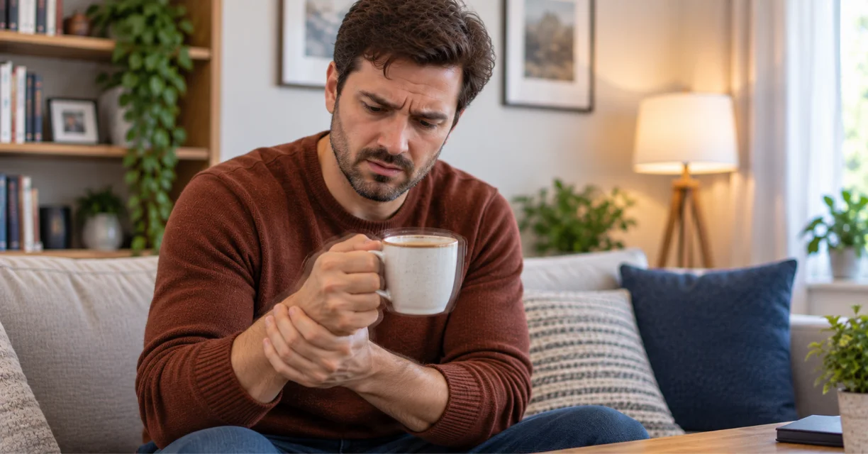 Man experiencing hand shaking while holding a cup of coffee