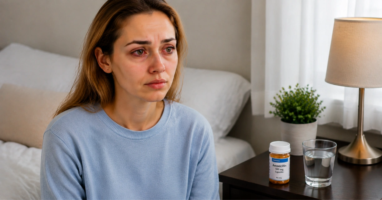 Woman with red irritated eyes beside Amoxicillin 500 mg capsules