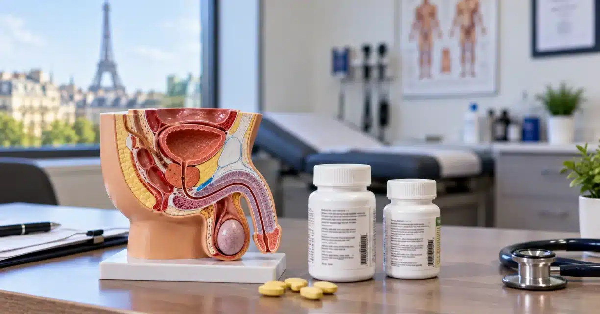Doctor explaining erectile dysfunction treatment using a male anatomy model in San Antonio