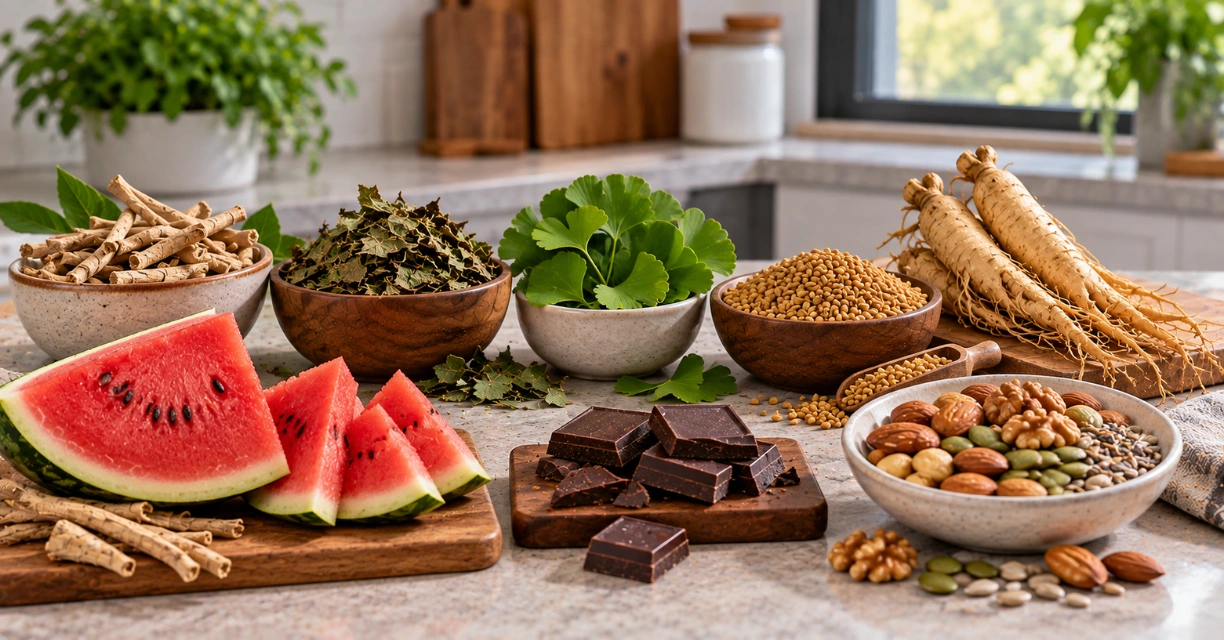Natural alternatives to Viagra including watermelon, dark chocolate, nuts and seeds, ginseng, ginkgo, fenugreek, and other herbal ingredients