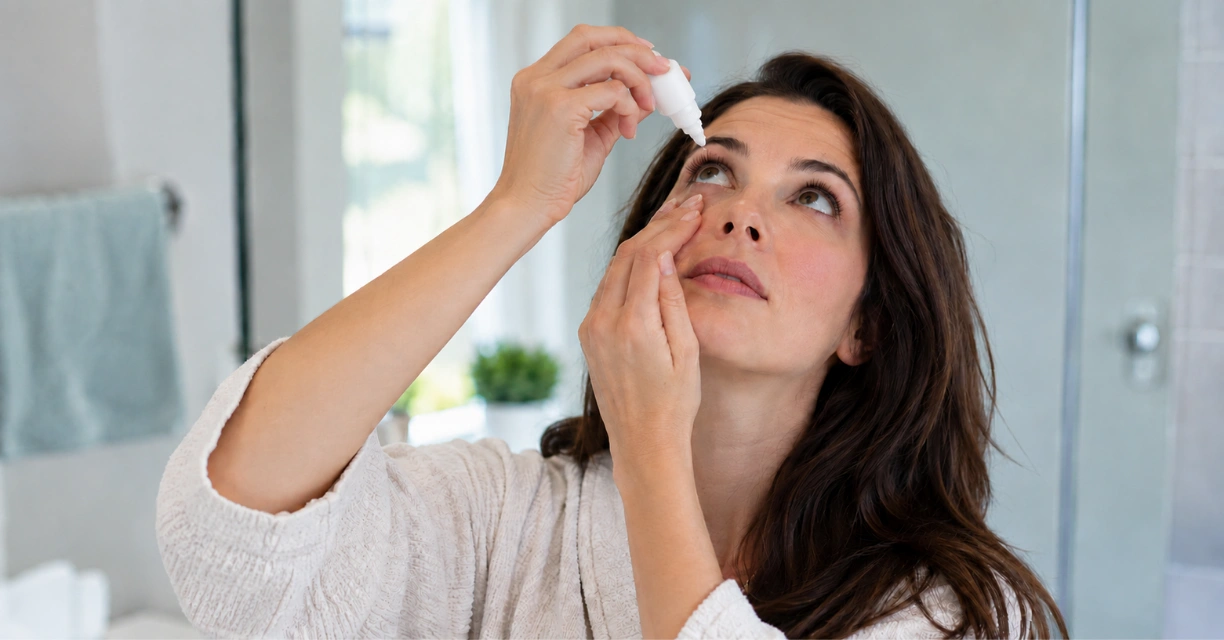 Woman applying bimatoprost eye drops while looking upward