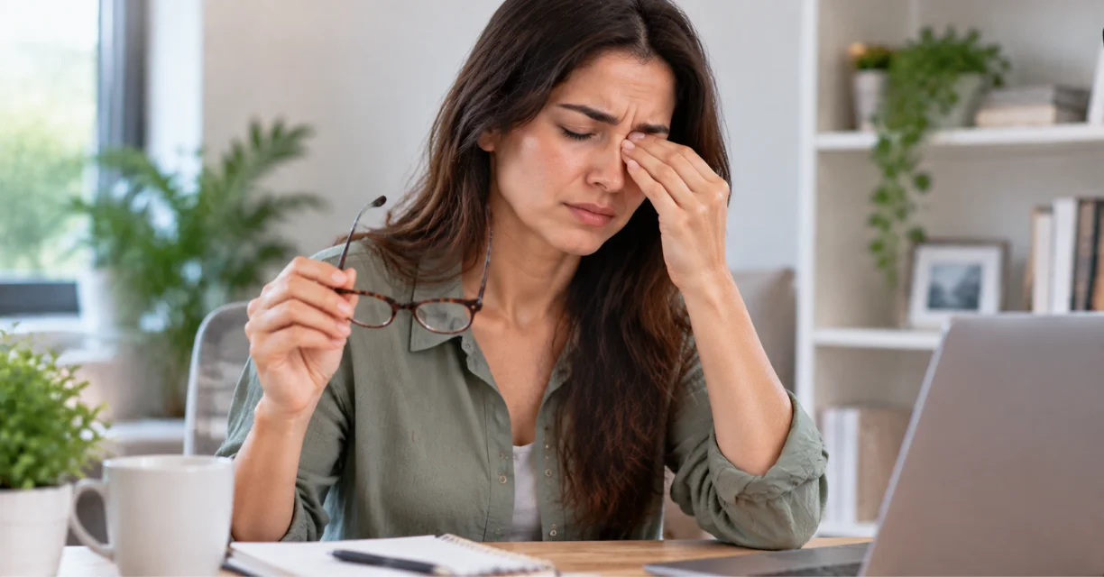 Woman experiencing dry eyes and eye discomfort at home