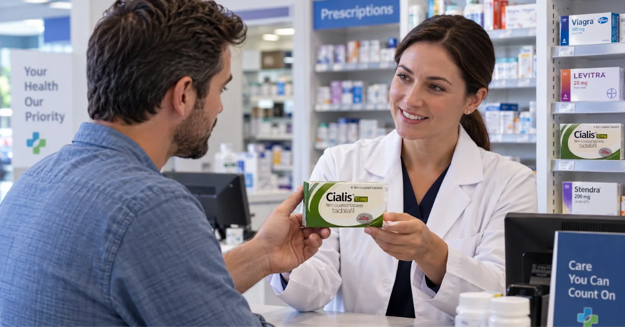Pharmacist handing a Cialis box to a customer in Washington