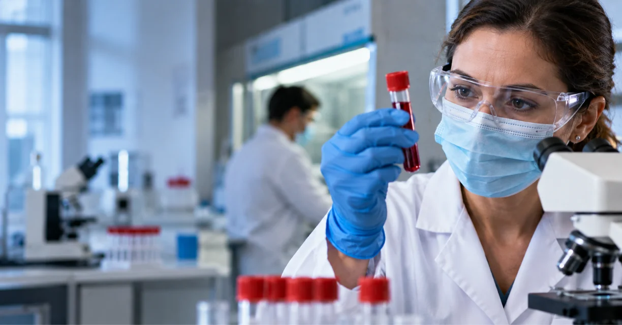 Laboratory scientist examining blood samples related to DELTACRON research