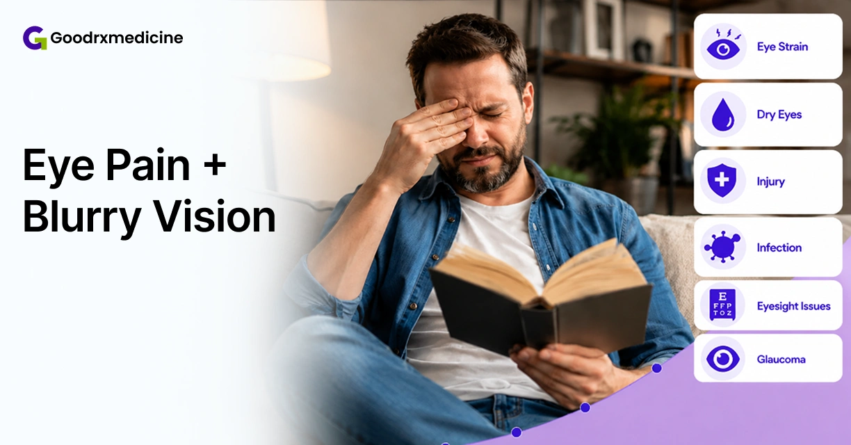 Man rubbing his eye while reading due to eye pain and blurry vision