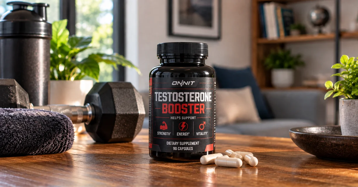 Testosterone booster supplement bottle with workout equipment and capsules
