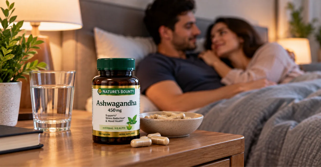 Ashwagandha supplement bottle with capsules and a couple in the background