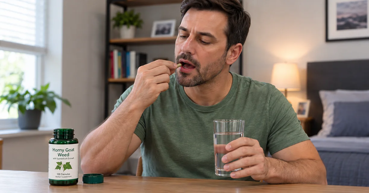 Man taking a horny goat weed supplement with a glass of water