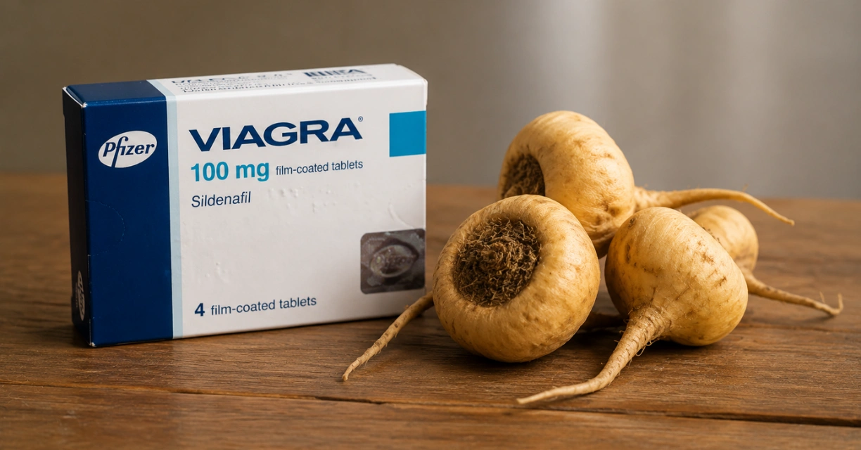Viagra 100 mg box beside maca roots for comparison