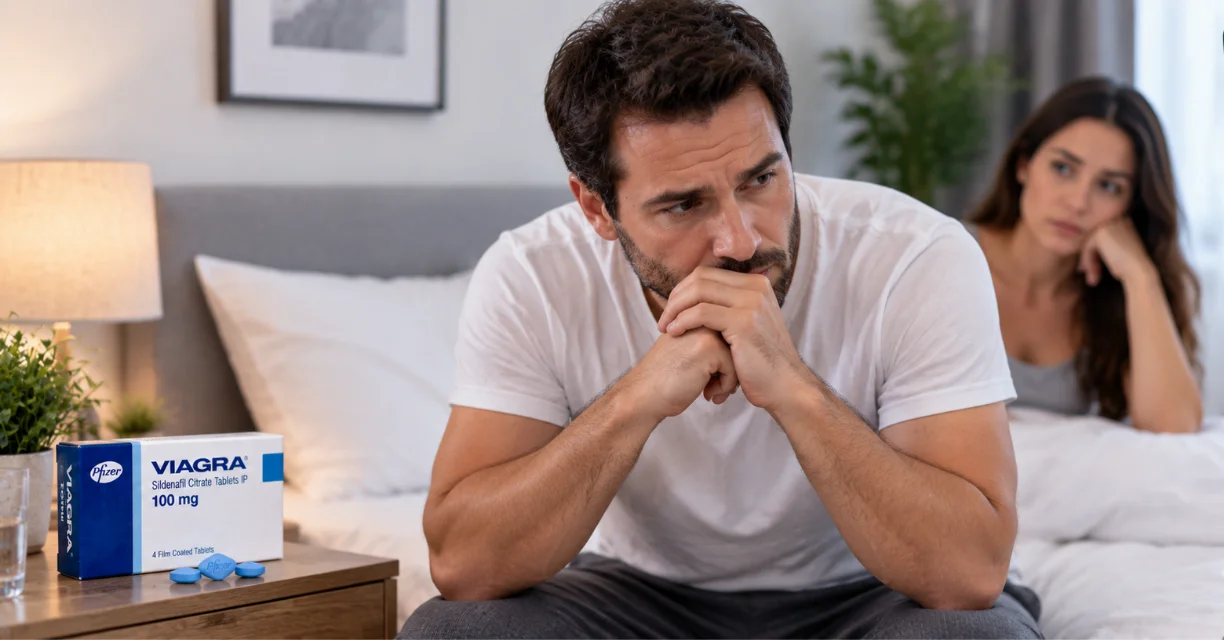 Man sitting on a bed looking concerned with a Viagra box nearby