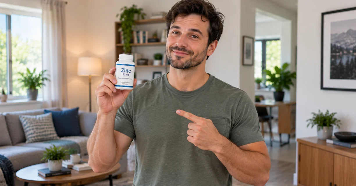 Man holding a zinc supplement bottle for testosterone support