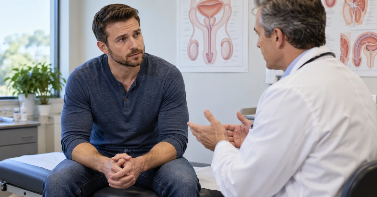 Doctor discussing vasectomy effects on testosterone and erectile function with male patient